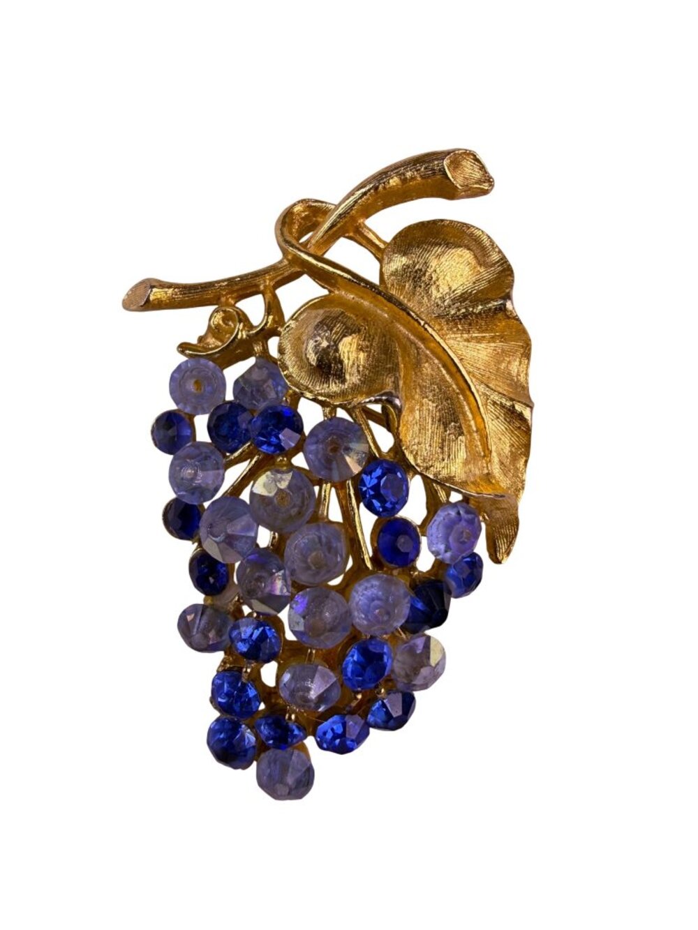 Art Signed Women Gold Tone Rhinestone Brooch Grape Cluster Cobalt & Lavender